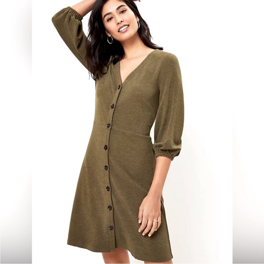 Loft Olive Green Ribbed Button-Front Dress w/ 3/4 Sleeves NWT | Size XL